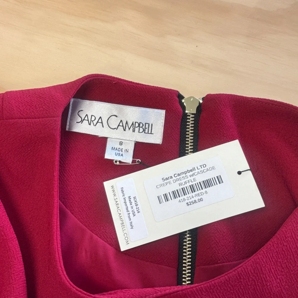 NWT Sara Campbell Red Crepe Cascade Ruffle Shift Dress Flounce Cuff Size‎ 8